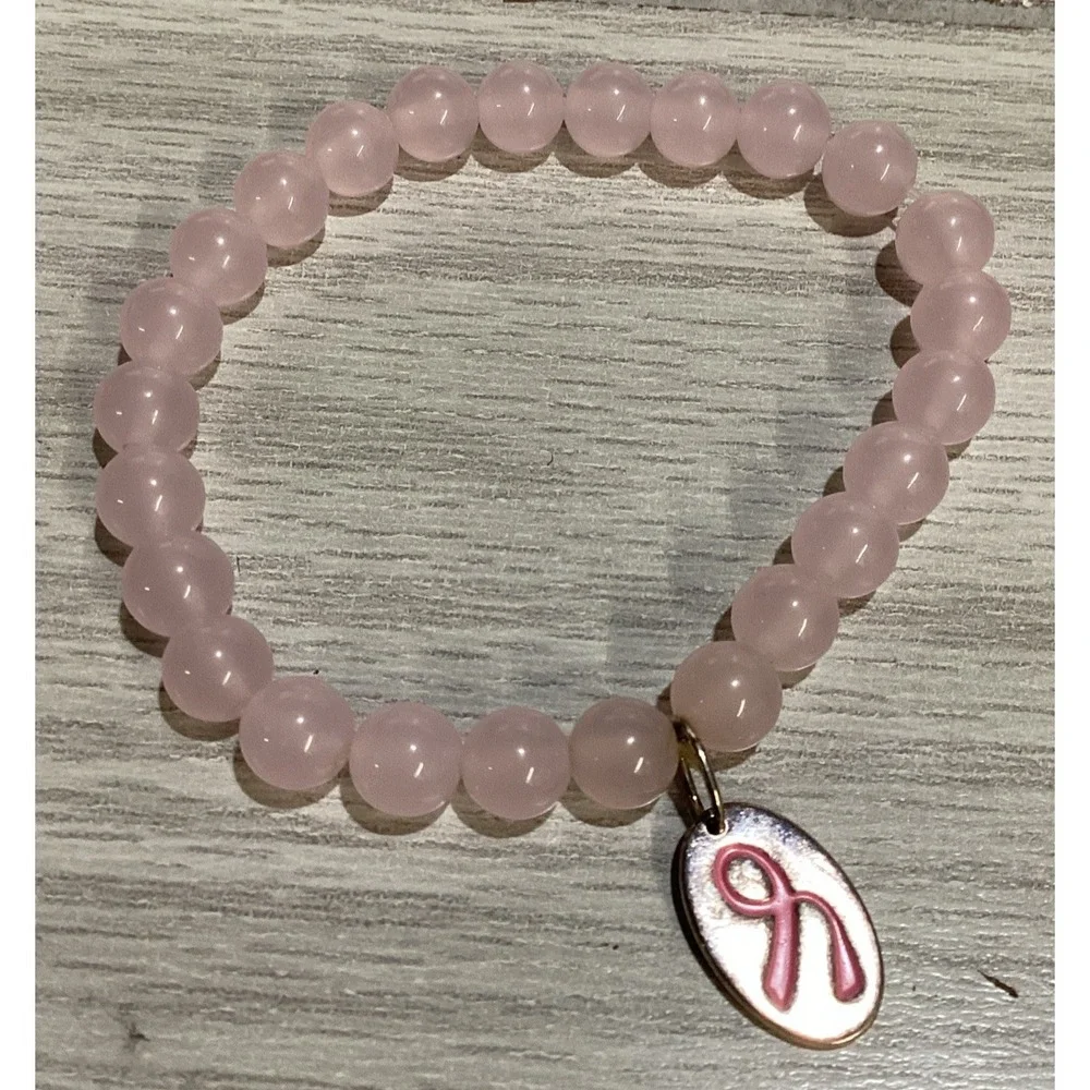 Silvertone Bracelet w/ Pink Beads Breast Carcer Awareness Ribbon Charm‎